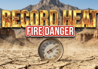 A viral, hyper-realistic YouTube thumbnail with a Hazardous Weather atmosphere. The background is a dry, sun-drenched Colorado canyon landscape with heat waves visible and dust blowing in the wind. The composition uses a Low Angle to focus on the main subject: a weathered, vintage outdoor thermometer stuck in cracked earth. Image size should be 3:2. The image features massive 3D typography with strict hierarchy: The Primary Text reads exactly: 'RECORD HEAT'. This text is massive, the largest element in the frame, rendered in Molten Gold to look like a high-budget 3D render. The Secondary Text reads exactly: 'FIRE DANGER'. This text is significantly smaller, positioned below or next to the main text. It features a thick, distinct color border/outline (sticker style) to contrast against the background. Make sure text 2 is always different theme, style, effect and border compared to text 1.