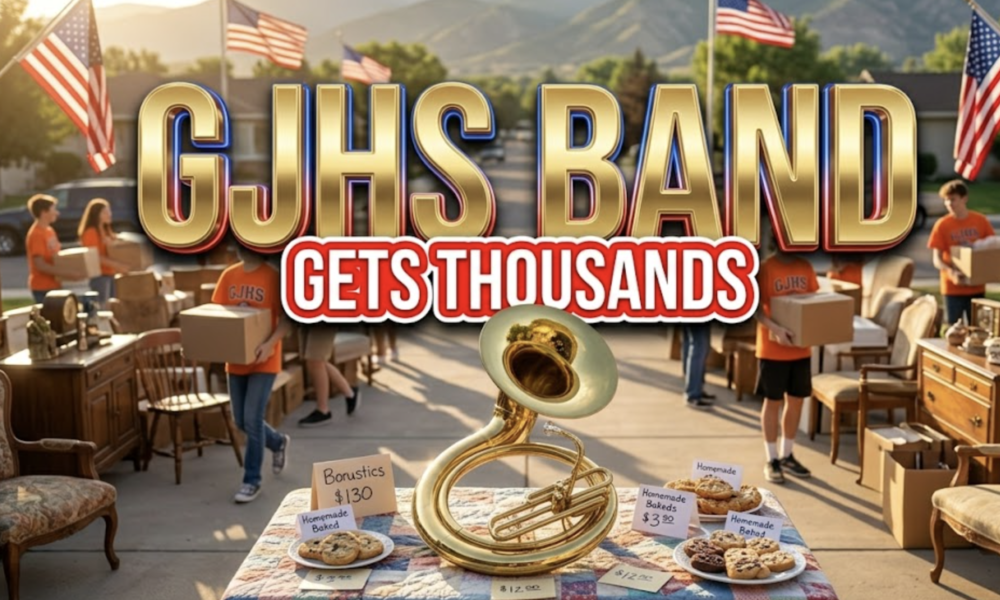 A viral, hyper-realistic YouTube thumbnail with a warm, golden-hour community atmosphere. The background is a sunny Grand Junction driveway packed with vintage furniture, antiques, and orange-shirted students carrying boxes, American flags waving gently in the breeze with dramatic rim lighting. The composition uses a wide, slightly low angle to focus on the main subject: a gleaming brass sousaphone resting on a quilt-covered table surrounded by price tags and baked goods. Image size should be 3:2. The image features massive 3D typography with strict hierarchy: The Primary Text reads exactly: 'GJHS BAND'. This text is massive, the largest element in the frame, rendered in polished gold chrome with subtle patriotic red-white-blue edge glow to look like a high-budget 3D render. The Secondary Text reads exactly: 'GETS THOUSANDS'. This text is significantly smaller, positioned below the main text. It features a thick, white sticker-style border with red outline to contrast against the background. Make sure text 2 is always different theme, style, effect and border compared to text 1.