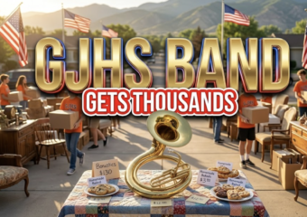 A viral, hyper-realistic YouTube thumbnail with a warm, golden-hour community atmosphere. The background is a sunny Grand Junction driveway packed with vintage furniture, antiques, and orange-shirted students carrying boxes, American flags waving gently in the breeze with dramatic rim lighting. The composition uses a wide, slightly low angle to focus on the main subject: a gleaming brass sousaphone resting on a quilt-covered table surrounded by price tags and baked goods. Image size should be 3:2. The image features massive 3D typography with strict hierarchy: The Primary Text reads exactly: 'GJHS BAND'. This text is massive, the largest element in the frame, rendered in polished gold chrome with subtle patriotic red-white-blue edge glow to look like a high-budget 3D render. The Secondary Text reads exactly: 'GETS THOUSANDS'. This text is significantly smaller, positioned below the main text. It features a thick, white sticker-style border with red outline to contrast against the background. Make sure text 2 is always different theme, style, effect and border compared to text 1.