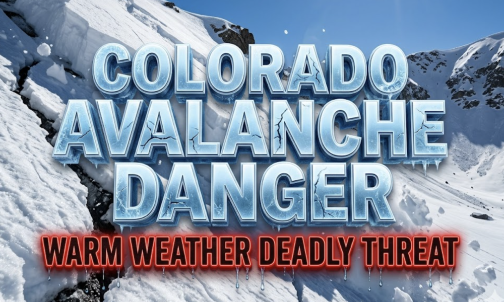 A viral, hyper-realistic YouTube thumbnail with a dramatic mountain adventure atmosphere. The background is a sun-drenched Colorado alpine bowl with bright blue sky and wet, glistening snow sliding in huge cracks. The composition uses a low-angle shot looking up at the slope to show power and danger. The main subject is a massive cracking wet snow slab breaking away, revealing dark weak layers underneath. Image size should be 3:2. The image features massive 3D typography with strict hierarchy: The Primary Text reads exactly: 'COLORADO AVALANCHE DANGER'. This text is massive, the largest element in the frame, rendered in ice-blue chrome with cracking frost effects to look like a high-budget 3D render. The Secondary Text reads exactly: 'WARM WEATHER DEADLY THREAT'. This text is significantly smaller, positioned below the main text. It features a thick red glowing border with dripping water effect to contrast against the snowy background. Make sure text 2 is always different theme, style, effect and border compared to text 1.