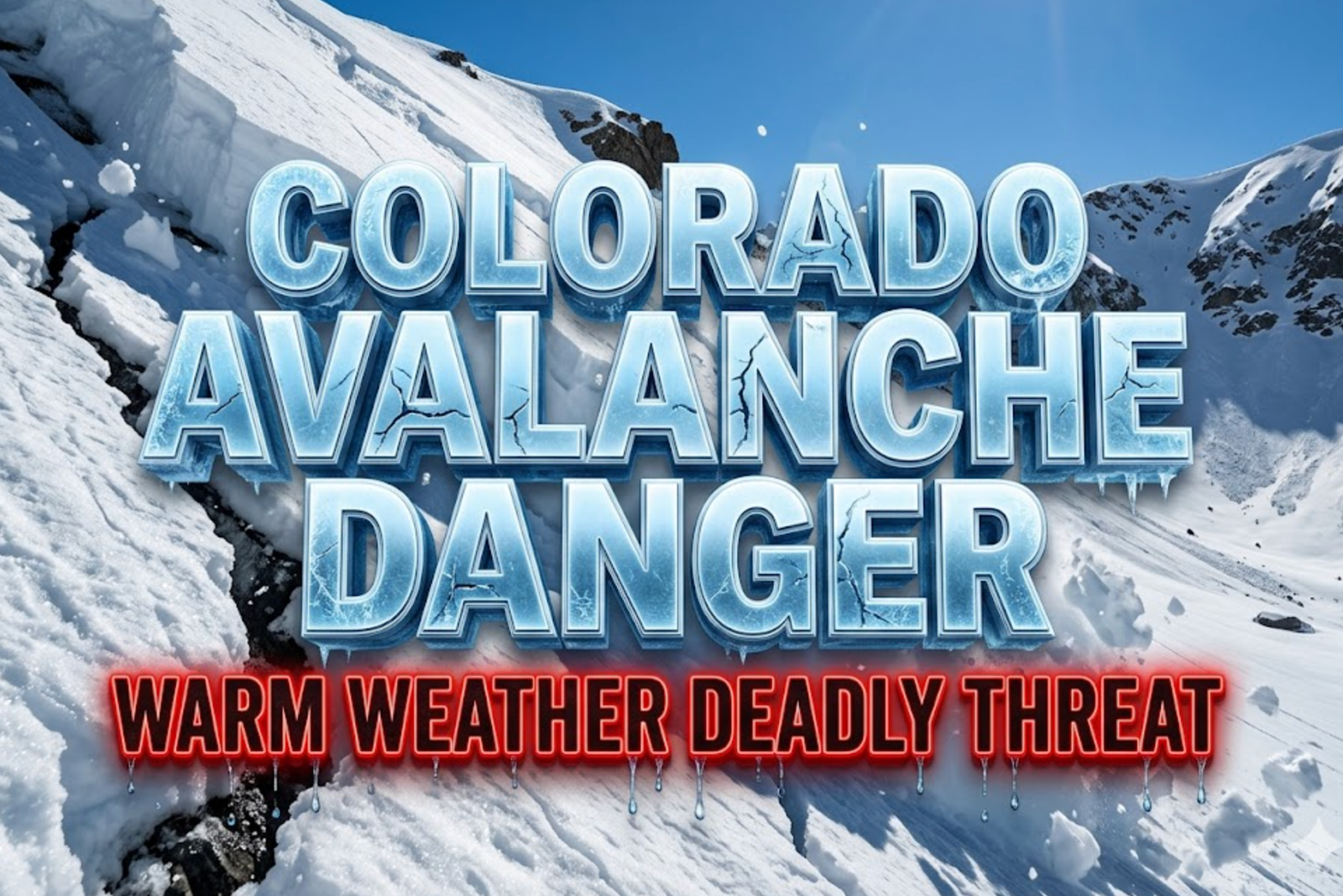A viral, hyper-realistic YouTube thumbnail with a dramatic mountain adventure atmosphere. The background is a sun-drenched Colorado alpine bowl with bright blue sky and wet, glistening snow sliding in huge cracks. The composition uses a low-angle shot looking up at the slope to show power and danger. The main subject is a massive cracking wet snow slab breaking away, revealing dark weak layers underneath. Image size should be 3:2.
The image features massive 3D typography with strict hierarchy:
The Primary Text reads exactly: 'COLORADO AVALANCHE DANGER'. This text is massive, the largest element in the frame, rendered in ice-blue chrome with cracking frost effects to look like a high-budget 3D render.
The Secondary Text reads exactly: 'WARM WEATHER DEADLY THREAT'. This text is significantly smaller, positioned below the main text. It features a thick red glowing border with dripping water effect to contrast against the snowy background. Make sure text 2 is always different theme, style, effect and border compared to text 1.