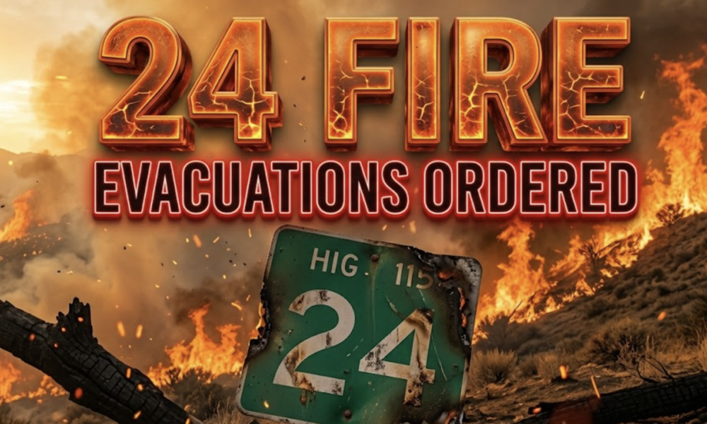 A viral, hyper-realistic YouTube thumbnail with a dramatic wildfire atmosphere. The background is a rugged Colorado high-desert landscape at golden hour engulfed in thick orange smoke and towering flames racing up hillsides with glowing embers floating in the air. The composition uses a dramatic low-angle shot to focus on the main subject: a large weathered Highway 115 mile marker 24 sign half-burned and tilting dangerously. Image size should be 3:2. The image features massive 3D typography with strict hierarchy: The Primary Text reads exactly: '24 FIRE'. This text is massive, the largest element in the frame, rendered in molten lava-orange chrome with cracking fire effects to look like a high-budget 3D render. The Secondary Text reads exactly: 'EVACUATIONS ORDERED'. This text is significantly smaller, positioned below the main text. It features a thick, glowing red border/outline (sticker style) to contrast against the background. Make sure text 2 is always different theme, style, effect and border compared to text 1