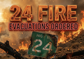 A viral, hyper-realistic YouTube thumbnail with a dramatic wildfire atmosphere. The background is a rugged Colorado high-desert landscape at golden hour engulfed in thick orange smoke and towering flames racing up hillsides with glowing embers floating in the air. The composition uses a dramatic low-angle shot to focus on the main subject: a large weathered Highway 115 mile marker 24 sign half-burned and tilting dangerously. Image size should be 3:2. The image features massive 3D typography with strict hierarchy: The Primary Text reads exactly: '24 FIRE'. This text is massive, the largest element in the frame, rendered in molten lava-orange chrome with cracking fire effects to look like a high-budget 3D render. The Secondary Text reads exactly: 'EVACUATIONS ORDERED'. This text is significantly smaller, positioned below the main text. It features a thick, glowing red border/outline (sticker style) to contrast against the background. Make sure text 2 is always different theme, style, effect and border compared to text 1