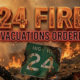 A viral, hyper-realistic YouTube thumbnail with a dramatic wildfire atmosphere. The background is a rugged Colorado high-desert landscape at golden hour engulfed in thick orange smoke and towering flames racing up hillsides with glowing embers floating in the air. The composition uses a dramatic low-angle shot to focus on the main subject: a large weathered Highway 115 mile marker 24 sign half-burned and tilting dangerously. Image size should be 3:2. The image features massive 3D typography with strict hierarchy: The Primary Text reads exactly: '24 FIRE'. This text is massive, the largest element in the frame, rendered in molten lava-orange chrome with cracking fire effects to look like a high-budget 3D render. The Secondary Text reads exactly: 'EVACUATIONS ORDERED'. This text is significantly smaller, positioned below the main text. It features a thick, glowing red border/outline (sticker style) to contrast against the background. Make sure text 2 is always different theme, style, effect and border compared to text 1