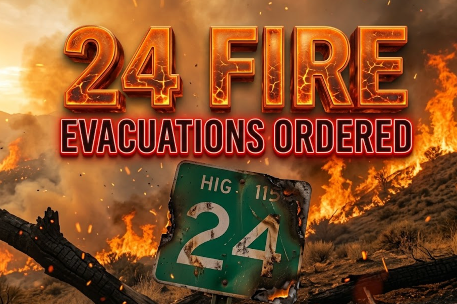 A viral, hyper-realistic YouTube thumbnail with a dramatic wildfire atmosphere. The background is a rugged Colorado high-desert landscape at golden hour engulfed in thick orange smoke and towering flames racing up hillsides with glowing embers floating in the air. The composition uses a dramatic low-angle shot to focus on the main subject: a large weathered Highway 115 mile marker 24 sign half-burned and tilting dangerously. Image size should be 3:2.
The image features massive 3D typography with strict hierarchy:
The Primary Text reads exactly: '24 FIRE'. This text is massive, the largest element in the frame, rendered in molten lava-orange chrome with cracking fire effects to look like a high-budget 3D render.
The Secondary Text reads exactly: 'EVACUATIONS ORDERED'. This text is significantly smaller, positioned below the main text. It features a thick, glowing red border/outline (sticker style) to contrast against the background. Make sure text 2 is always different theme, style, effect and border compared to text 1