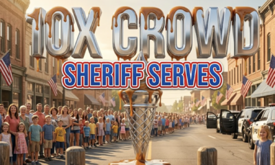 A viral, hyper-realistic YouTube thumbnail with a warm, small-town American summer atmosphere. The background is a sunny Grand Junction street packed with smiling families in line that stretches out of frame, American flags waving, patrol SUVs with open doors in the distance under golden afternoon light. The composition uses a wide, slightly low angle to show the massive crowd and energy. The main subject is a giant, shiny chrome ice cream cone dripping with melted toffee, positioned center frame as the hero object. Image size should be 3:2. The image features massive 3D typography with strict hierarchy: The Primary Text reads exactly: '10X CROWD'. This text is massive, the largest element in the frame, rendered in polished chrome with caramel drip effects to look like a high-budget 3D render. The Secondary Text reads exactly: 'SHERIFF SERVES'. This text is significantly smaller, positioned below the main text with a thick red-white-and-blue sticker-style border to pop against the background. 8k, Unreal Engine 5, cinematic render.