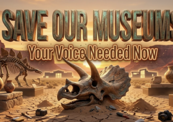 A viral, hyper-realistic YouTube thumbnail with a warm western heritage atmosphere. The background is a dramatic Colorado sunset over red rock mesas with glowing museum silhouettes in Grand Junction and Fruita. The composition uses a low-angle cinematic shot to focus on the main subject: a massive, weathered triceratops skull emerging from the sand. Image size should be 3:2. The image features massive 3D typography with strict hierarchy: The Primary Text reads exactly: 'SAVE OUR MUSEUMS'. This text is massive, the largest element in the frame, rendered in burnished bronze metal with authentic patina to look like a high-budget 3D render. The Secondary Text reads exactly: 'Your Voice Needed Now'. This text is significantly smaller, positioned below the main text. It features a thick, glowing orange outline with subtle dust particles to contrast against the background. Make sure text 2 is always different theme, style, effect and border compared to text 1.