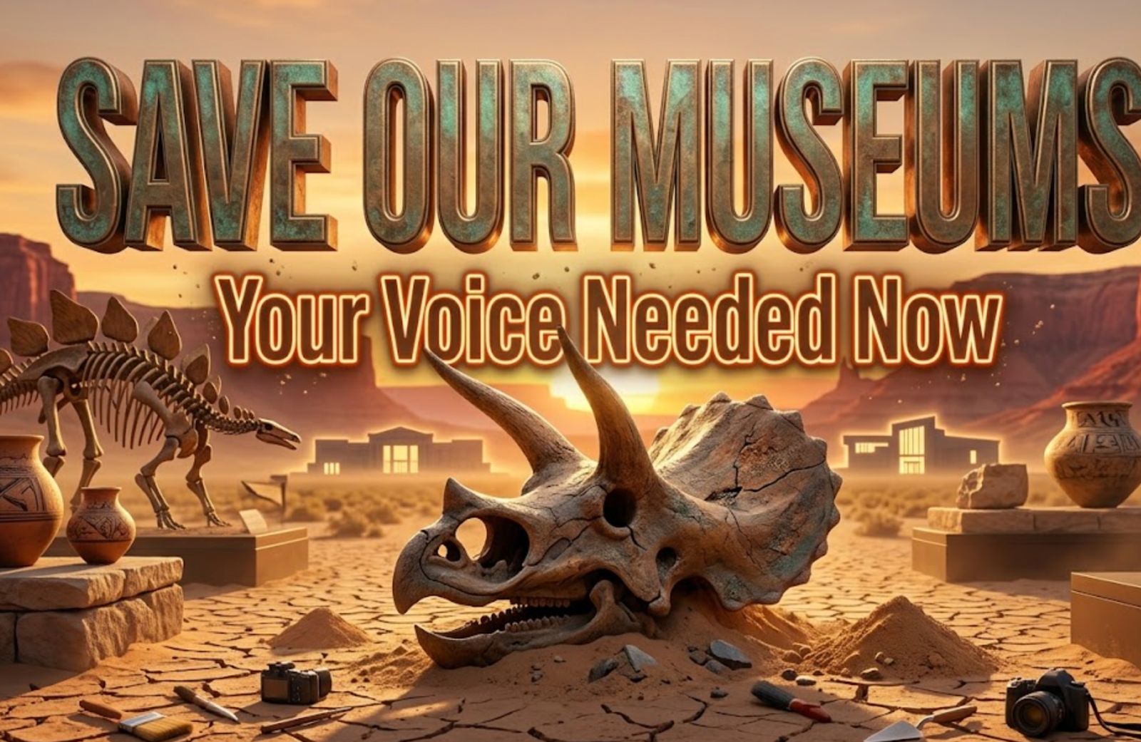 A viral, hyper-realistic YouTube thumbnail with a warm western heritage atmosphere. The background is a dramatic Colorado sunset over red rock mesas with glowing museum silhouettes in Grand Junction and Fruita. The composition uses a low-angle cinematic shot to focus on the main subject: a massive, weathered triceratops skull emerging from the sand. Image size should be 3:2.
The image features massive 3D typography with strict hierarchy:
The Primary Text reads exactly: 'SAVE OUR MUSEUMS'. This text is massive, the largest element in the frame, rendered in burnished bronze metal with authentic patina to look like a high-budget 3D render.
The Secondary Text reads exactly: 'Your Voice Needed Now'. This text is significantly smaller, positioned below the main text. It features a thick, glowing orange outline with subtle dust particles to contrast against the background. Make sure text 2 is always different theme, style, effect and border compared to text 1.