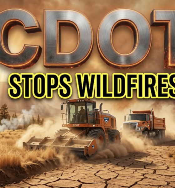 A viral, hyper-realistic YouTube thumbnail with a tense, high-stakes wildfire-prevention atmosphere. The background is a sun-baked Colorado mountain highway flanked by golden dry grass and pine forests under a smoky orange sky with dramatic god rays cutting through haze. The composition uses a low, sweeping camera angle to focus on the main subject: a massive industrial mower and CDOT truck kicking up dust while cutting a wide firebreak along the roadside. Image size should be 3:2. The image features massive 3D typography with strict hierarchy: The Primary Text reads exactly: 'CDOT'. This text is massive, the largest element in the frame, rendered in brushed steel with glowing orange ember edges to look like a high-budget 3D render. The Secondary Text reads exactly: 'STOPS WILDFIRES'. This text is significantly smaller, positioned below the main text. It features a thick, bright safety-yellow border/outline (sticker style) to contrast against the background. Make sure text 2 is always different theme, style, effect and border compared to text 1.
