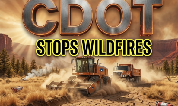 A viral, hyper-realistic YouTube thumbnail with a tense, high-stakes wildfire-prevention atmosphere. The background is a sun-baked Colorado mountain highway flanked by golden dry grass and pine forests under a smoky orange sky with dramatic god rays cutting through haze. The composition uses a low, sweeping camera angle to focus on the main subject: a massive industrial mower and CDOT truck kicking up dust while cutting a wide firebreak along the roadside. Image size should be 3:2. The image features massive 3D typography with strict hierarchy: The Primary Text reads exactly: 'CDOT'. This text is massive, the largest element in the frame, rendered in brushed steel with glowing orange ember edges to look like a high-budget 3D render. The Secondary Text reads exactly: 'STOPS WILDFIRES'. This text is significantly smaller, positioned below the main text. It features a thick, bright safety-yellow border/outline (sticker style) to contrast against the background. Make sure text 2 is always different theme, style, effect and border compared to text 1.