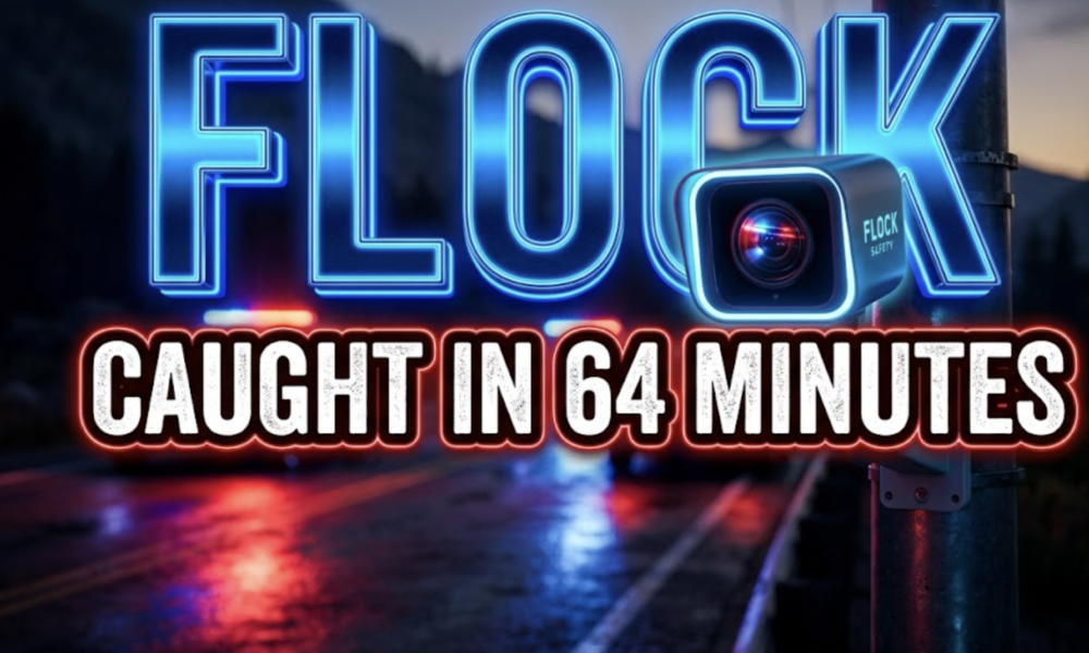A viral, hyper-realistic YouTube thumbnail with a tense, high-tech police atmosphere. The background is a dark Colorado mountain highway at dusk with red and blue emergency lights flashing across wet pavement. The composition uses a dramatic low angle to focus on the main subject: a glowing Flock Safety camera mounted on a pole, lens reflecting police lights. Image size should be 3:2. The image features massive 3D typography with strict hierarchy: The Primary Text reads exactly: 'FLOCK'. This text is massive, the largest element in the frame, rendered in electric blue chrome with pulsing neon edges to look like a high-budget 3D render. The Secondary Text reads exactly: 'CAUGHT IN 64 MINUTES'. This text is significantly smaller, positioned below the main text. It features a thick, glowing red border/outline (sticker style) to contrast against the background. Make sure text 2 is always different theme, style, effect and border compared to text 1. The text materials correspond to the story's concept. Crucial Instruction: There is absolutely NO other text, numbers, watermarks, or subtitles in this image other than these two specific lines. 8k, Unreal Engine 5, cinematic render