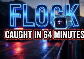 A viral, hyper-realistic YouTube thumbnail with a tense, high-tech police atmosphere. The background is a dark Colorado mountain highway at dusk with red and blue emergency lights flashing across wet pavement. The composition uses a dramatic low angle to focus on the main subject: a glowing Flock Safety camera mounted on a pole, lens reflecting police lights. Image size should be 3:2. The image features massive 3D typography with strict hierarchy: The Primary Text reads exactly: 'FLOCK'. This text is massive, the largest element in the frame, rendered in electric blue chrome with pulsing neon edges to look like a high-budget 3D render. The Secondary Text reads exactly: 'CAUGHT IN 64 MINUTES'. This text is significantly smaller, positioned below the main text. It features a thick, glowing red border/outline (sticker style) to contrast against the background. Make sure text 2 is always different theme, style, effect and border compared to text 1. The text materials correspond to the story's concept. Crucial Instruction: There is absolutely NO other text, numbers, watermarks, or subtitles in this image other than these two specific lines. 8k, Unreal Engine 5, cinematic render