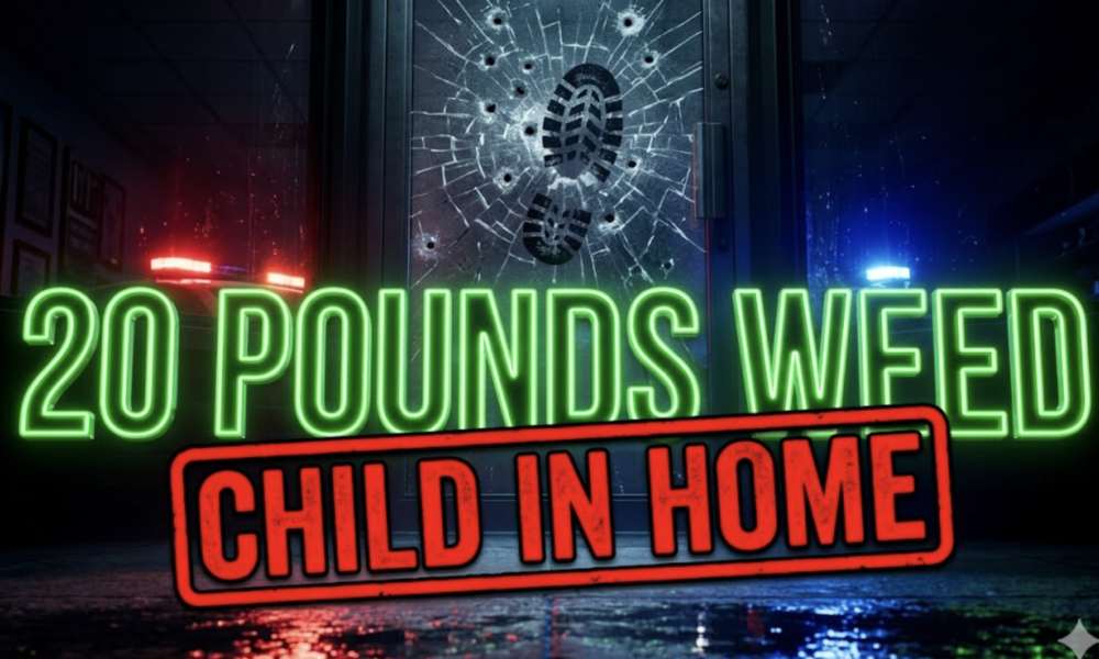 A viral, hyper-realistic YouTube thumbnail with a dark, tense crime atmosphere. The background is a shattered glass pawn shop door at night on a quiet Grand Junction street with red and blue police lights flashing across wet pavement. The composition uses a dramatic low angle to focus on the main subject: a bullet-riddled glass door with a heavy black boot print in the center. Image size should be 3:2. The image features massive 3D typography with strict hierarchy: The Primary Text reads exactly: '20 POUNDS WEED'. This text is massive, the largest element in the frame, rendered in glowing neon green chrome to look like a high-budget 3D render. The Secondary Text reads exactly: 'CHILD IN HOME'. This text is significantly smaller, positioned below the main text. It features a thick, blood-red border/outline (sticker style) to contrast against the background. Make sure text 2 is always different theme, style, effect and border compared to text 1. The text materials correspond to the story's concept. Crucial Instruction: There is absolutely NO other text, numbers, watermarks, or subtitles in this image other than these two specific lines. 8k, Unreal Engine 5, cinematic render