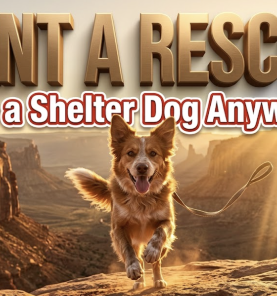 A viral, hyper-realistic YouTube thumbnail with a warm, golden-hour Colorado outdoors atmosphere. The background is a sweeping view of the Colorado National Monument red rocks at sunset with dramatic god rays cutting through dust. The composition uses a low, heroic camera angle to focus on the main subject: a happy shelter dog mid-leap toward the camera with tongue out and ears flapping, leash trailing freely. Image size should be 3:2. The image features massive 3D typography with strict hierarchy: The Primary Text reads exactly: 'RENT A RESCUE'. This text is massive, the largest element in the frame, rendered in brushed bronze gold with realistic depth and sun-kissed highlights to look like a high-budget 3D render. The Secondary Text reads exactly: 'Take a Shelter Dog Anywhere'. This text is significantly smaller, positioned below the main text. It features a thick white border with slight red outline sticker style to pop against the desert backdrop. Make sure text 2 is clean, bold, different font weight and effect from text 1. The text materials correspond to the story's concept. Crucial Instruction: There is absolutely NO other text, numbers, watermarks, or subtitles in this image other than these two specific lines. 8k, Unreal Engine 5, cinematic render