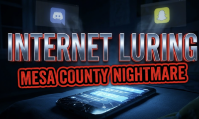 A viral, hyper-realistic YouTube thumbnail with a dark cyber-crime atmosphere. The background is a shadowy bedroom at night lit only by harsh blue phone screen glow, with faint Discord and Snapchat windows floating in the air like ghosts. The composition uses a dramatic low-angle shot to focus on the main subject: a cracked smartphone lying face-up on a child’s bed with glowing predator messages on screen. Image size should be 3:2. The image features massive 3D typography with strict hierarchy: The Primary Text reads exactly: 'INTERNET LURING'. This text is massive, the largest element in the frame, rendered in cold chrome metal with sharp red glowing edges to look like a high-budget 3D render. The Secondary Text reads exactly: 'MESA COUNTY NIGHTMARE'. This text is significantly smaller, positioned below the main text. It features a thick, blood-red border/outline (sticker style) to contrast against the background. Make sure text 2 is always different theme, style, effect and border compared to text 1. The text materials correspond to the story's concept. Crucial Instruction: There is absolutely NO other text, numbers, watermarks, or subtitles in this image other than these two specific lines. 8k, Unreal Engine 5, cinematic render