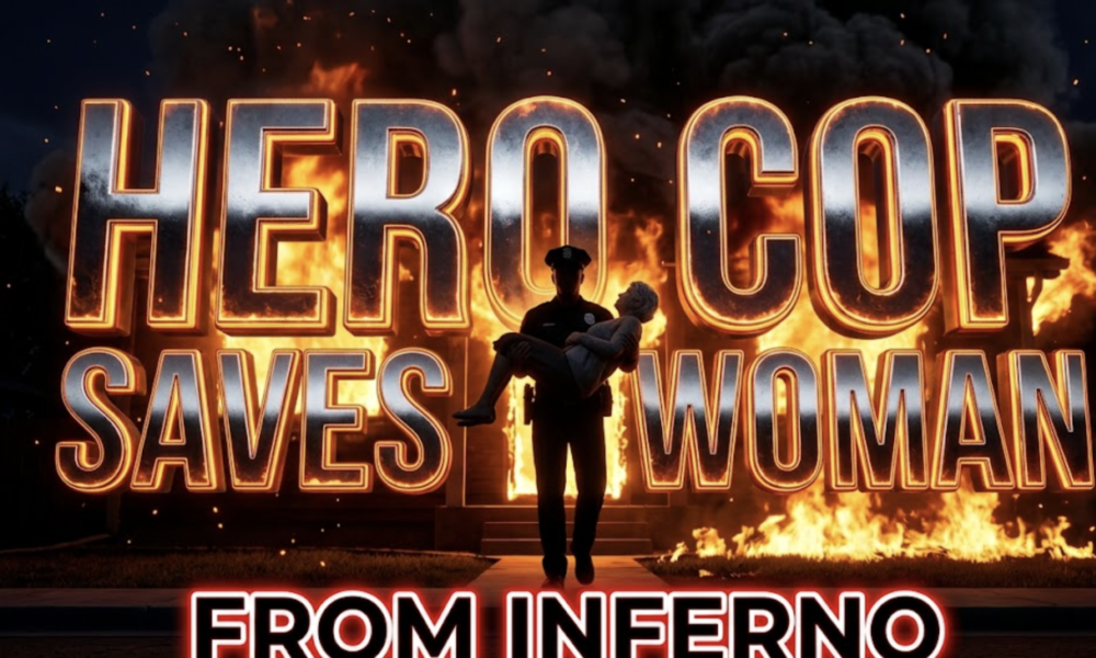 A viral, hyper-realistic YouTube thumbnail with a dramatic cinematic atmosphere. The background is a raging house fire at night on a quiet Colorado street, intense orange flames bursting from windows, thick black smoke billowing into the dark sky with glowing embers floating. The composition uses a low-angle heroic shot to focus on the main subject: a silhouetted faceless police officer in full uniform carrying an elderly woman in his arms as he emerges from the burning doorway. Image size should be 3:2. The image features massive 3D typography with strict hierarchy: The Primary Text reads exactly: 'HERO COP SAVES WOMAN'. This text is massive, the largest element in the frame, rendered in burning chrome with glowing orange edges like molten metal. The Secondary Text reads exactly: 'FROM INFERNO'. This text is significantly smaller, positioned below the main text with a thick white outline and red glow border to pop against the flames. The text materials correspond to the fire and rescue concept. Crucial Instruction: There is absolutely NO other text, numbers, watermarks, or subtitles in this image other than these two specific lines. 8k, Unreal Engine 5, cinematic render