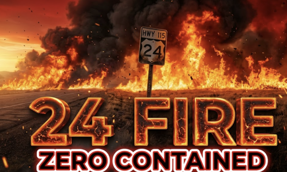 A viral, hyper-realistic YouTube thumbnail with a dramatic fiery apocalypse atmosphere. The background is a raging Colorado grassland wildfire at golden hour with massive walls of orange flames and thick black smoke billowing into a red sky. The composition uses a low-angle cinematic shot to focus on the main subject: a scorched Highway 115 mile marker 24 sign standing defiantly in front of the inferno. Image size should be 3:2. The image features massive 3D typography with strict hierarchy: The Primary Text reads exactly: '24 FIRE'. This text is massive, the largest element in the frame, rendered in molten lava orange chrome with glowing embers and cracking texture to look like a high-budget 3D render. The Secondary Text reads exactly: 'ZERO CONTAINED'. This text is significantly smaller, positioned below the main text. It features a thick white glow border with red outline sticker style to contrast against the background. Make sure text 2 is always different theme, style, effect and border compared to text 1