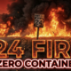 A viral, hyper-realistic YouTube thumbnail with a dramatic fiery apocalypse atmosphere. The background is a raging Colorado grassland wildfire at golden hour with massive walls of orange flames and thick black smoke billowing into a red sky. The composition uses a low-angle cinematic shot to focus on the main subject: a scorched Highway 115 mile marker 24 sign standing defiantly in front of the inferno. Image size should be 3:2. The image features massive 3D typography with strict hierarchy: The Primary Text reads exactly: '24 FIRE'. This text is massive, the largest element in the frame, rendered in molten lava orange chrome with glowing embers and cracking texture to look like a high-budget 3D render. The Secondary Text reads exactly: 'ZERO CONTAINED'. This text is significantly smaller, positioned below the main text. It features a thick white glow border with red outline sticker style to contrast against the background. Make sure text 2 is always different theme, style, effect and border compared to text 1