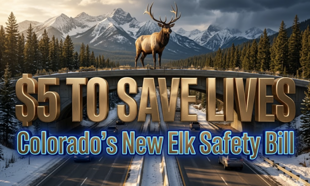 A viral, hyper-realistic YouTube thumbnail with a dramatic Rocky Mountain atmosphere. The background is a snow-capped Colorado highway at golden hour with dense pine forests and jagged peaks, moody storm clouds building in the distance. The composition uses a dramatic low-angle shot to focus on the main subject: a massive, planted wildlife overpass bridge spanning high above the highway with a huge bull elk standing proudly on top looking down at the road below. Image size should be 3:2. The image features massive 3D typography with strict hierarchy: The Primary Text reads exactly: '$5 TO SAVE LIVES'. This text is massive, the largest element in the frame, rendered in brushed bronze gold metal with realistic light reflections like a high-budget 3D render. The Secondary Text reads exactly: 'Colorado's New Elk Safety Bill'. This text is significantly smaller, positioned below the main text with a thick electric blue glowing outline border to contrast against the mountain background. Make sure text 2 is always different theme, style, effect and border compared to text 1. The text materials correspond to the story's concept. Crucial Instruction: There is absolutely NO other text, numbers, watermarks, or subtitles in this image other than these two specific lines. 8k, Unreal Engine 5, cinematic render.