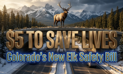 A viral, hyper-realistic YouTube thumbnail with a dramatic Rocky Mountain atmosphere. The background is a snow-capped Colorado highway at golden hour with dense pine forests and jagged peaks, moody storm clouds building in the distance. The composition uses a dramatic low-angle shot to focus on the main subject: a massive, planted wildlife overpass bridge spanning high above the highway with a huge bull elk standing proudly on top looking down at the road below. Image size should be 3:2. The image features massive 3D typography with strict hierarchy: The Primary Text reads exactly: '$5 TO SAVE LIVES'. This text is massive, the largest element in the frame, rendered in brushed bronze gold metal with realistic light reflections like a high-budget 3D render. The Secondary Text reads exactly: 'Colorado's New Elk Safety Bill'. This text is significantly smaller, positioned below the main text with a thick electric blue glowing outline border to contrast against the mountain background. Make sure text 2 is always different theme, style, effect and border compared to text 1. The text materials correspond to the story's concept. Crucial Instruction: There is absolutely NO other text, numbers, watermarks, or subtitles in this image other than these two specific lines. 8k, Unreal Engine 5, cinematic render.