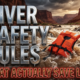 A viral, hyper-realistic YouTube thumbnail with a dramatic outdoor adventure atmosphere. The background is a raging, chocolate-brown Colorado River in full spring runoff crashing through red rock canyons with massive logs and strainers visible in the whitewater under stormy skies with dramatic golden hour side lighting. The composition uses a low dramatic angle to focus on the main subject: a bright orange Coast Guard-approved life jacket floating empty in violent water, half-submerged, straps floating like it's just been ripped off someone. Image size should be 3:2. The image features massive 3D typography with strict hierarchy: The Primary Text reads exactly: 'RIVER SAFETY RULES'. This text is massive, the largest element in the frame, rendered in dripping wet chrome metal with water droplets and realistic reflections to look like a high-budget 3D render. The Secondary Text reads exactly: 'THAT ACTUALLY SAVE LIVES'. This text is significantly smaller, positioned below the main text. It features a thick, glowing red outline with warning-tape style texture to contrast against the background. Make sure text 2 is always different theme, style, effect and border compared to text 1.