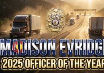 A viral, hyper-realistic YouTube thumbnail with a heroic American law enforcement atmosphere. The background is a dramatic Colorado mountain pass at golden hour with massive semi trucks climbing I-70 and the Loma Port of Entry scales visible in the distance with warm sunlight flaring through dust. The composition uses a low heroic camera angle to focus on the main subject: a gleaming Colorado State Patrol port of entry badge floating forward with subtle motion blur. Image size should be 3:2. The image features massive 3D typography with strict hierarchy: The Primary Text reads exactly: 'MADISON EVRIDGE'. This text is massive, the largest element in the frame, rendered in polished chrome with Colorado state flag colors subtly integrated to look like a high-budget 3D render. The Secondary Text reads exactly: '2025 OFFICER OF THE YEAR'. This text is significantly smaller, positioned below the main text. It features a thick, glowing gold border/outline (sticker style) to contrast against the background. Make sure text 2 is always different theme, style, effect and border compared to text 1.
