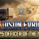A viral, hyper-realistic YouTube thumbnail with a heroic American law enforcement atmosphere. The background is a dramatic Colorado mountain pass at golden hour with massive semi trucks climbing I-70 and the Loma Port of Entry scales visible in the distance with warm sunlight flaring through dust. The composition uses a low heroic camera angle to focus on the main subject: a gleaming Colorado State Patrol port of entry badge floating forward with subtle motion blur. Image size should be 3:2. The image features massive 3D typography with strict hierarchy: The Primary Text reads exactly: 'MADISON EVRIDGE'. This text is massive, the largest element in the frame, rendered in polished chrome with Colorado state flag colors subtly integrated to look like a high-budget 3D render. The Secondary Text reads exactly: '2025 OFFICER OF THE YEAR'. This text is significantly smaller, positioned below the main text. It features a thick, glowing gold border/outline (sticker style) to contrast against the background. Make sure text 2 is always different theme, style, effect and border compared to text 1.