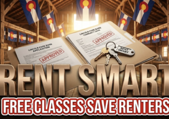 A viral, hyper-realistic YouTube thumbnail with a warm Western Colorado community atmosphere. The background is the sunlit interior of Lincoln Park Barn with wooden beams and Colorado flags, golden hour light streaming through windows. The composition uses a low-angle shot to focus on the main subject: a large, open rental application folder with approved stamps and house keys resting on top. Image size should be 3:2. The image features massive 3D typography with strict hierarchy: The Primary Text reads exactly: 'RENT SMART'. This text is massive, the largest element in the frame, rendered in brushed bronze metal to look like a high-budget 3D render. The Secondary Text reads exactly: 'FREE CLASSES SAVE RENTERS'. This text is significantly smaller, positioned below the main text. It features a thick white border with red outline sticker style to contrast against the background. Make sure text 2 is always different theme, style, effect and border compared to text 1.
