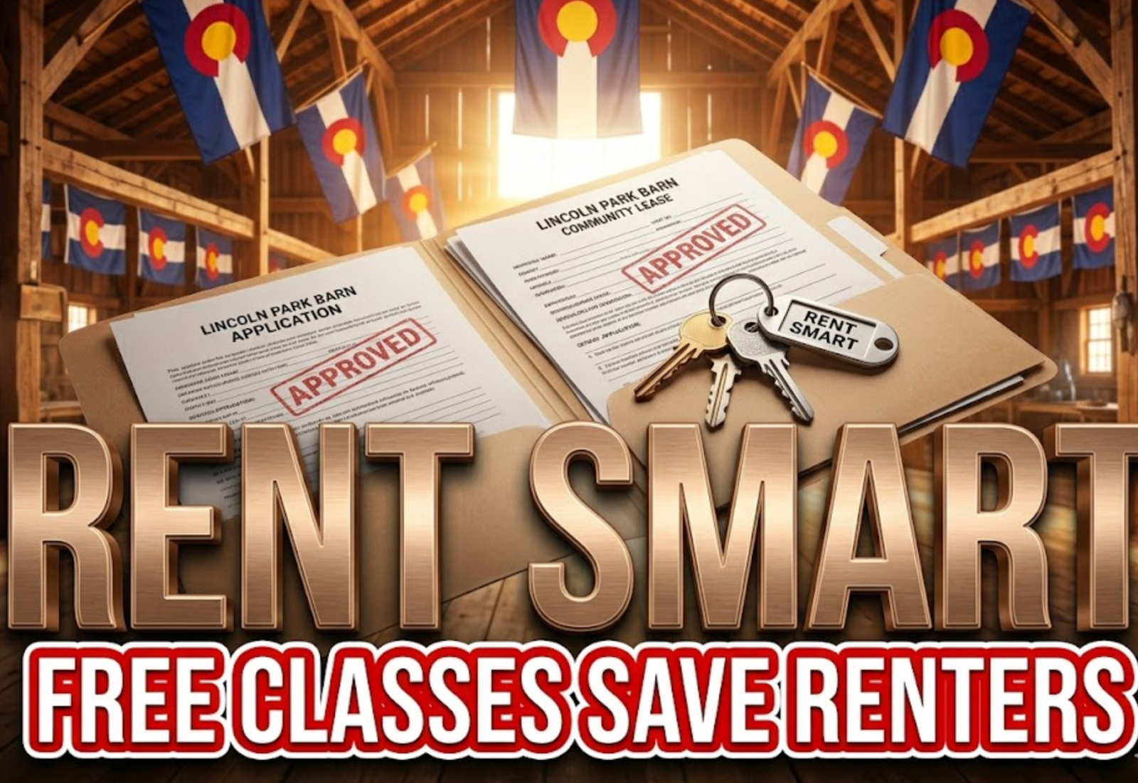 A viral, hyper-realistic YouTube thumbnail with a warm Western Colorado community atmosphere. The background is the sunlit interior of Lincoln Park Barn with wooden beams and Colorado flags, golden hour light streaming through windows. The composition uses a low-angle shot to focus on the main subject: a large, open rental application folder with approved stamps and house keys resting on top. Image size should be 3:2.
The image features massive 3D typography with strict hierarchy:
The Primary Text reads exactly: 'RENT SMART'. This text is massive, the largest element in the frame, rendered in brushed bronze metal to look like a high-budget 3D render.
The Secondary Text reads exactly: 'FREE CLASSES SAVE RENTERS'. This text is significantly smaller, positioned below the main text. It features a thick white border with red outline sticker style to contrast against the background. Make sure text 2 is always different theme, style, effect and border compared to text 1.