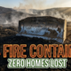 A viral, hyper-realistic YouTube thumbnail with a dramatic wildfire victory atmosphere. The background is a vast charred training area on Fort Carson at golden hour with lingering wisps of smoke rising into a clear Colorado sky with dramatic god rays piercing through. The composition uses a wide, low-angle cinematic shot to focus on the main subject: a massive weathered bulldozer blade covered in fresh dirt pushing the final containment line. Image size should be 3:2. The image features massive 3D typography with strict hierarchy: The Primary Text reads exactly: '24 FIRE CONTAINED'. This text is massive, the largest element in the frame, rendered in glowing ember-orange molten metal with cracking cooled lava texture to look like a high-budget 3D render. The Secondary Text reads exactly: 'ZERO HOMES LOST'. This text is significantly smaller, positioned below the main text. It features a thick white glow border with subtle green victory outline to contrast against the dark landscape. Make sure text 2 is always different theme, style, effect and border compared to text 1.