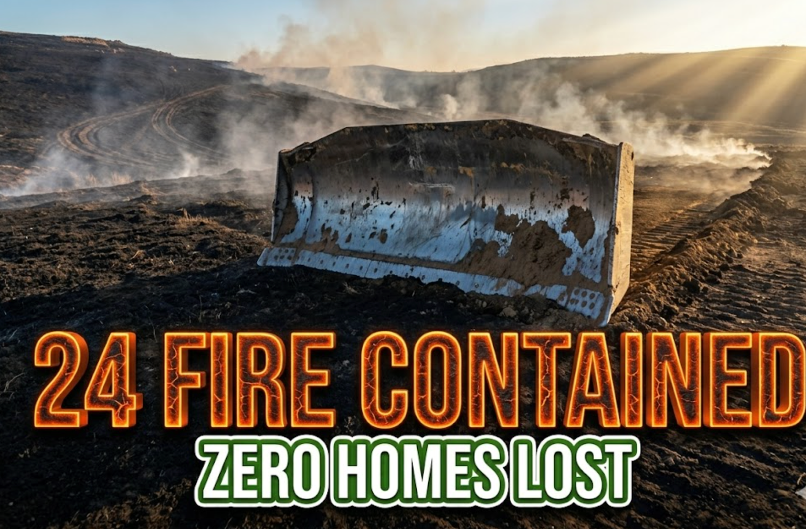 A viral, hyper-realistic YouTube thumbnail with a dramatic wildfire victory atmosphere. The background is a vast charred training area on Fort Carson at golden hour with lingering wisps of smoke rising into a clear Colorado sky with dramatic god rays piercing through. The composition uses a wide, low-angle cinematic shot to focus on the main subject: a massive weathered bulldozer blade covered in fresh dirt pushing the final containment line. Image size should be 3:2.
The image features massive 3D typography with strict hierarchy:
The Primary Text reads exactly: '24 FIRE CONTAINED'. This text is massive, the largest element in the frame, rendered in glowing ember-orange molten metal with cracking cooled lava texture to look like a high-budget 3D render.
The Secondary Text reads exactly: 'ZERO HOMES LOST'. This text is significantly smaller, positioned below the main text. It features a thick white glow border with subtle green victory outline to contrast against the dark landscape. Make sure text 2 is always different theme, style, effect and border compared to text 1.