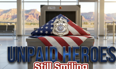 A viral, hyper-realistic YouTube thumbnail with a warm, patriotic American heartland atmosphere. The background is the bright, clean security checkpoint at Grand Junction Regional Airport with soft morning sunlight streaming through large windows and colorful Mesa mountains visible outside. The composition uses a low-angle heroic shot to focus on the main subject: a gleaming TSA badge resting on a folded American flag placed on the checkpoint podium. Image size should be 3:2. The image features massive 3D typography with strict hierarchy: The Primary Text reads exactly: 'UNPAID HEROES'. This text is massive, the largest element in the frame, rendered in polished patriotic blue metal with subtle gold edges to look like a high-budget 3D render. The Secondary Text reads exactly: 'Still Smiling'. This text is significantly smaller, positioned below the main text. It features a thick white glow outline with red sticker-style border to contrast against the background. Make sure text 2 is always different theme, style, effect and border compared to text 1.