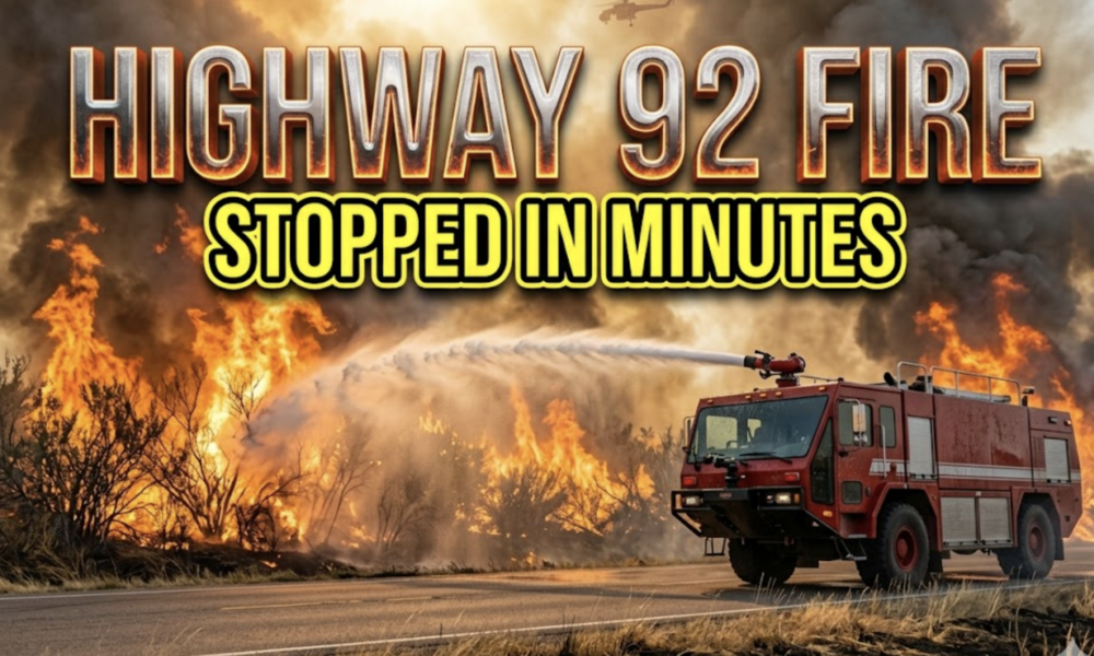 A viral, hyper-realistic YouTube thumbnail with a intense wildfire atmosphere. The background is a scorching Colorado highway ditch engulfed in orange flames and thick smoke under a blazing summer sun with dry grass everywhere. The composition uses a dramatic low angle to focus on the main subject: a powerful red fire truck blasting water on raging flames. Image size should be 3:2. The image features massive 3D typography with strict hierarchy: The Primary Text reads exactly: 'HIGHWAY 92 FIRE'. This text is massive, the largest element in the frame, rendered in molten chrome with glowing ember edges to look like a high-budget 3D render. The Secondary Text reads exactly: 'STOPPED IN MINUTES'. This text is significantly smaller, positioned below the main text. It features a thick, bright yellow border/outline (sticker style) to contrast against the background. Make sure text 2 is always different theme, style, effect and border compared to text 1. The text materials correspond to the story's concept. Crucial Instruction: There is absolutely NO other text, numbers, watermarks, or subtitles in this image other than these two specific lines. 8k, Unreal Engine 5, cinematic render.