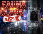 A viral, hyper-realistic YouTube thumbnail with a tense, dramatic crime-alert atmosphere. The background is a dark, rainy Fort Wayne street at night with flashing blue and red police lights cutting through fog and rain. The composition uses a low-angle shot to focus on the main subject: a large, weathered missing person poster taped to a street pole, photo area deliberately darkened to remain faceless. Image size should be 3:2. The image features massive 3D typography with strict hierarchy: The Primary Text reads exactly: 'LEAUNA CLARK'. This text is massive, the largest element in the frame, rendered in glowing red chrome with dramatic lens flare to look like a high-budget 3D render. The Secondary Text reads exactly: 'MISSING'. This text is significantly smaller, positioned below the main text. It features a thick white border with red outline (sticker style) to contrast against the dark background. Make sure text 2 is always different theme, style, effect and border compared to text 1.
