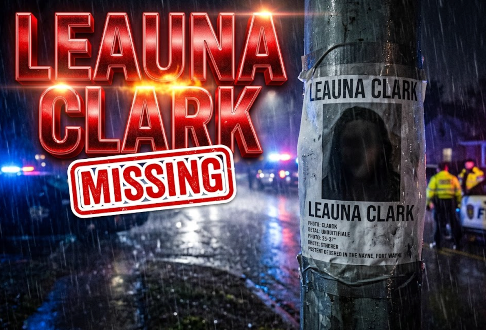 A viral, hyper-realistic YouTube thumbnail with a tense, dramatic crime-alert atmosphere. The background is a dark, rainy Fort Wayne street at night with flashing blue and red police lights cutting through fog and rain. The composition uses a low-angle shot to focus on the main subject: a large, weathered missing person poster taped to a street pole, photo area deliberately darkened to remain faceless. Image size should be 3:2.
The image features massive 3D typography with strict hierarchy:
The Primary Text reads exactly: 'LEAUNA CLARK'. This text is massive, the largest element in the frame, rendered in glowing red chrome with dramatic lens flare to look like a high-budget 3D render.
The Secondary Text reads exactly: 'MISSING'. This text is significantly smaller, positioned below the main text. It features a thick white border with red outline (sticker style) to contrast against the dark background. Make sure text 2 is always different theme, style, effect and border compared to text 1.