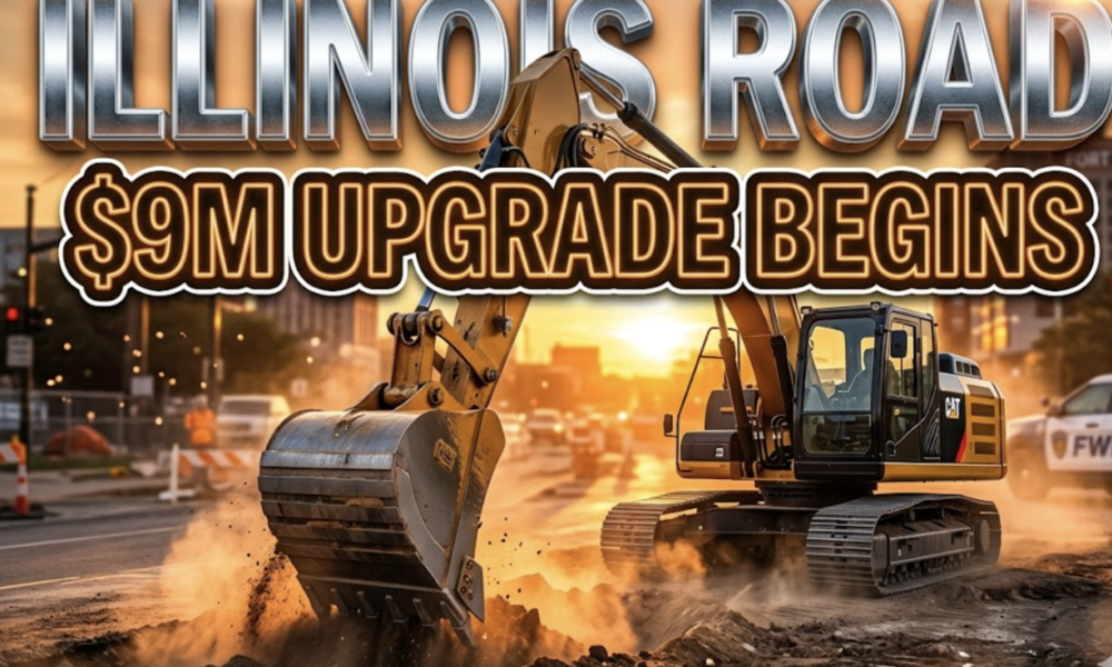 A viral, hyper-realistic YouTube thumbnail with a dramatic urban construction atmosphere. The background is a busy Fort Wayne street at golden hour with orange sunset light cutting through dust clouds from active road work, lens flares, and warm Indiana sky. The composition uses a low-angle heroic shot to focus on the main subject: a massive, gleaming construction excavator dramatically breaking ground. Image size should be 3:2. The image features massive 3D typography with strict hierarchy: The Primary Text reads exactly: 'ILLINOIS ROAD'. This text is massive, the largest element in the frame, rendered in polished chrome metal with realistic reflections and edge wear to look like a high-budget 3D render. The Secondary Text reads exactly: '$9M UPGRADE BEGINS'. This text is significantly smaller, positioned below the main text. It features a thick, glowing orange border/outline (sticker style) to contrast against the background. Make sure text 2 is always different theme, style, effect and border compared to text 1.