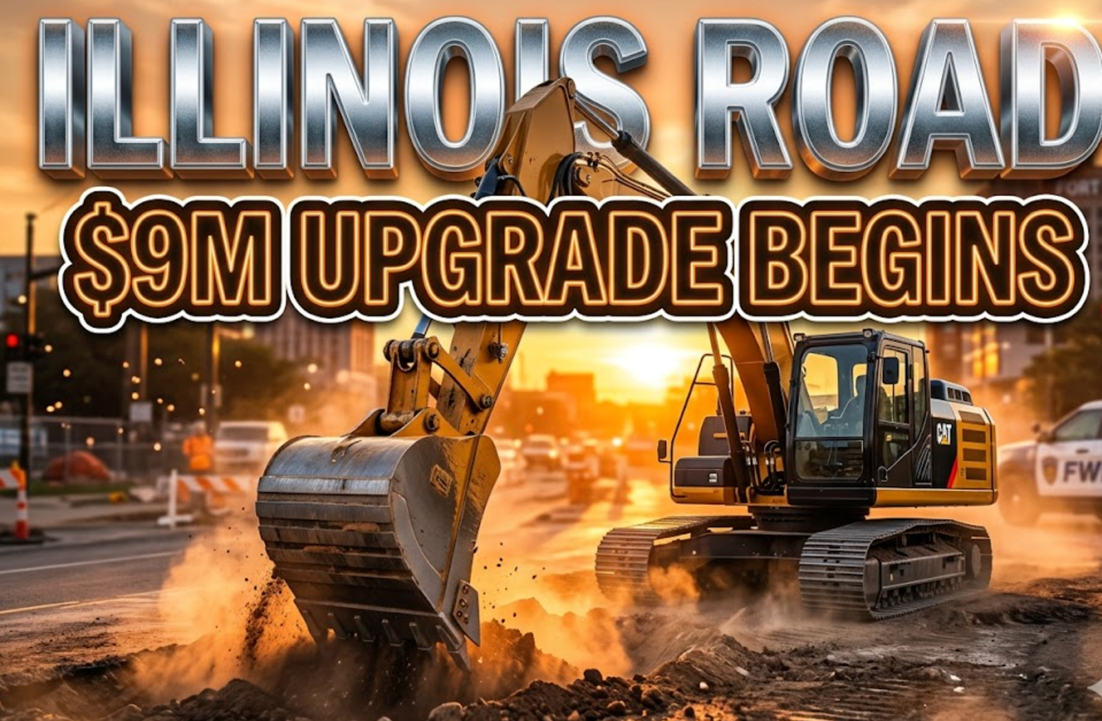 A viral, hyper-realistic YouTube thumbnail with a dramatic urban construction atmosphere. The background is a busy Fort Wayne street at golden hour with orange sunset light cutting through dust clouds from active road work, lens flares, and warm Indiana sky. The composition uses a low-angle heroic shot to focus on the main subject: a massive, gleaming construction excavator dramatically breaking ground. Image size should be 3:2.
The image features massive 3D typography with strict hierarchy:
The Primary Text reads exactly: 'ILLINOIS ROAD'. This text is massive, the largest element in the frame, rendered in polished chrome metal with realistic reflections and edge wear to look like a high-budget 3D render.
The Secondary Text reads exactly: '$9M UPGRADE BEGINS'. This text is significantly smaller, positioned below the main text. It features a thick, glowing orange border/outline (sticker style) to contrast against the background. Make sure text 2 is always different theme, style, effect and border compared to text 1.
