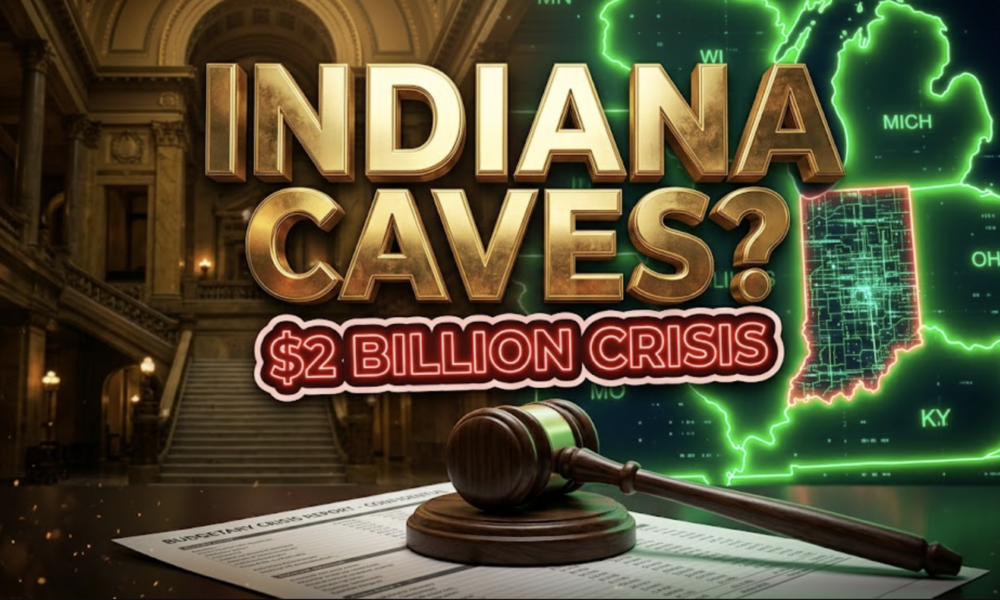 A viral, hyper-realistic YouTube thumbnail with a Business/News atmosphere. The background is a dramatic, high-contrast split composition: the left side shows the golden, dimly lit interior of the Indiana Statehouse, while the right side features a vibrant, neon-lit map of the Midwest with neighboring states glowing green. The composition uses a low-angle shot to focus on the main subject: a detailed, 3D-rendered Wooden Gavel resting on a budget report document. The image features massive 3D typography with strict hierarchy: The Primary Text reads exactly: 'INDIANA CAVES?'. This text is massive, the largest element in the frame, rendered in Gold to look like a high-budget 3D render. The Secondary Text reads exactly: '$2 BILLION CRISIS'. This text is significantly smaller, positioned below the main text. It features a thick, distinct neon red border/outline (sticker style) to contrast against the background. Make sure text 2 is always different theme, style, effect and border compared to text 1. The text materials correspond to the story's concept. Crucial Instruction: There is absolutely NO other text, numbers, watermarks, or subtitles in this image other than these two specific lines. 8k, Unreal Engine 5, cinematic rende