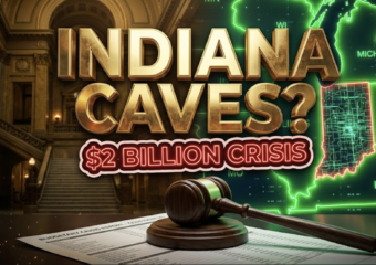 A viral, hyper-realistic YouTube thumbnail with a Business/News atmosphere. The background is a dramatic, high-contrast split composition: the left side shows the golden, dimly lit interior of the Indiana Statehouse, while the right side features a vibrant, neon-lit map of the Midwest with neighboring states glowing green. The composition uses a low-angle shot to focus on the main subject: a detailed, 3D-rendered Wooden Gavel resting on a budget report document. The image features massive 3D typography with strict hierarchy: The Primary Text reads exactly: 'INDIANA CAVES?'. This text is massive, the largest element in the frame, rendered in Gold to look like a high-budget 3D render. The Secondary Text reads exactly: '$2 BILLION CRISIS'. This text is significantly smaller, positioned below the main text. It features a thick, distinct neon red border/outline (sticker style) to contrast against the background. Make sure text 2 is always different theme, style, effect and border compared to text 1. The text materials correspond to the story's concept. Crucial Instruction: There is absolutely NO other text, numbers, watermarks, or subtitles in this image other than these two specific lines. 8k, Unreal Engine 5, cinematic rende