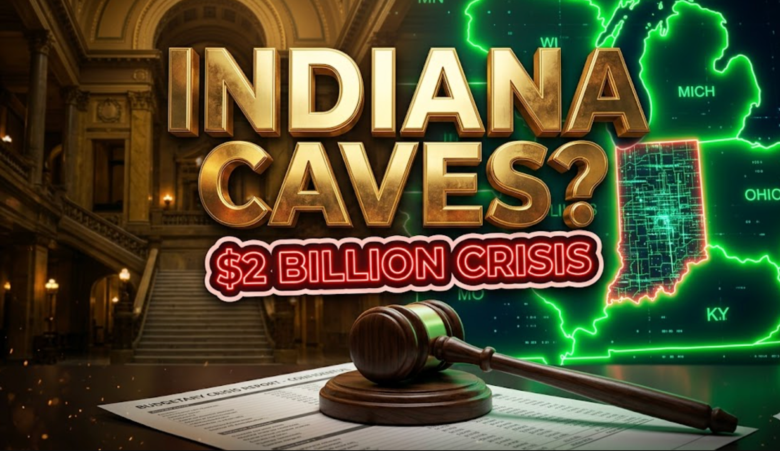 A viral, hyper-realistic YouTube thumbnail with a Business/News atmosphere. The background is a dramatic, high-contrast split composition: the left side shows the golden, dimly lit interior of the Indiana Statehouse, while the right side features a vibrant, neon-lit map of the Midwest with neighboring states glowing green. The composition uses a low-angle shot to focus on the main subject: a detailed, 3D-rendered Wooden Gavel resting on a budget report document. The image features massive 3D typography with strict hierarchy: The Primary Text reads exactly: 'INDIANA CAVES?'. This text is massive, the largest element in the frame, rendered in Gold to look like a high-budget 3D render. The Secondary Text reads exactly: '$2 BILLION CRISIS'. This text is significantly smaller, positioned below the main text. It features a thick, distinct neon red border/outline (sticker style) to contrast against the background. Make sure text 2 is always different theme, style, effect and border compared to text 1. The text materials correspond to the story's concept. Crucial Instruction: There is absolutely NO other text, numbers, watermarks, or subtitles in this image other than these two specific lines. 8k, Unreal Engine 5, cinematic rende