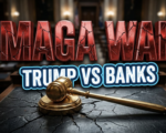 A viral, hyper-realistic YouTube thumbnail with a Political Drama atmosphere. The background is a blurred, high-contrast Indiana Statehouse Senate floor with dramatic shadows. The composition uses a Dutch Angle to focus on the main subject: a Golden Gavel resting on a cracked voting desk. Image size should be 3:2. The image features massive 3D typography with strict hierarchy: The Primary Text reads exactly: 'MAGA WAR'. This text is massive, the largest element in the frame, rendered in Cracked Red Chrome to look like a high-budget 3D render. The Secondary Text reads exactly: 'TRUMP VS BANKS'. This text is significantly smaller, positioned below or next to the main text. It features a thick, distinct color border/outline (sticker style) to contrast against the background. Make sure text 2 is always different theme, style, effect and border compared to text 1.