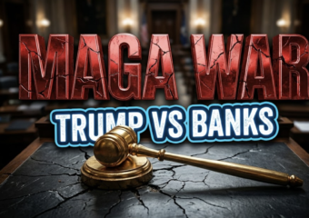 A viral, hyper-realistic YouTube thumbnail with a Political Drama atmosphere. The background is a blurred, high-contrast Indiana Statehouse Senate floor with dramatic shadows. The composition uses a Dutch Angle to focus on the main subject: a Golden Gavel resting on a cracked voting desk. Image size should be 3:2. The image features massive 3D typography with strict hierarchy: The Primary Text reads exactly: 'MAGA WAR'. This text is massive, the largest element in the frame, rendered in Cracked Red Chrome to look like a high-budget 3D render. The Secondary Text reads exactly: 'TRUMP VS BANKS'. This text is significantly smaller, positioned below or next to the main text. It features a thick, distinct color border/outline (sticker style) to contrast against the background. Make sure text 2 is always different theme, style, effect and border compared to text 1.
