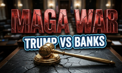 A viral, hyper-realistic YouTube thumbnail with a Political Drama atmosphere. The background is a blurred, high-contrast Indiana Statehouse Senate floor with dramatic shadows. The composition uses a Dutch Angle to focus on the main subject: a Golden Gavel resting on a cracked voting desk. Image size should be 3:2. The image features massive 3D typography with strict hierarchy: The Primary Text reads exactly: 'MAGA WAR'. This text is massive, the largest element in the frame, rendered in Cracked Red Chrome to look like a high-budget 3D render. The Secondary Text reads exactly: 'TRUMP VS BANKS'. This text is significantly smaller, positioned below or next to the main text. It features a thick, distinct color border/outline (sticker style) to contrast against the background. Make sure text 2 is always different theme, style, effect and border compared to text 1.