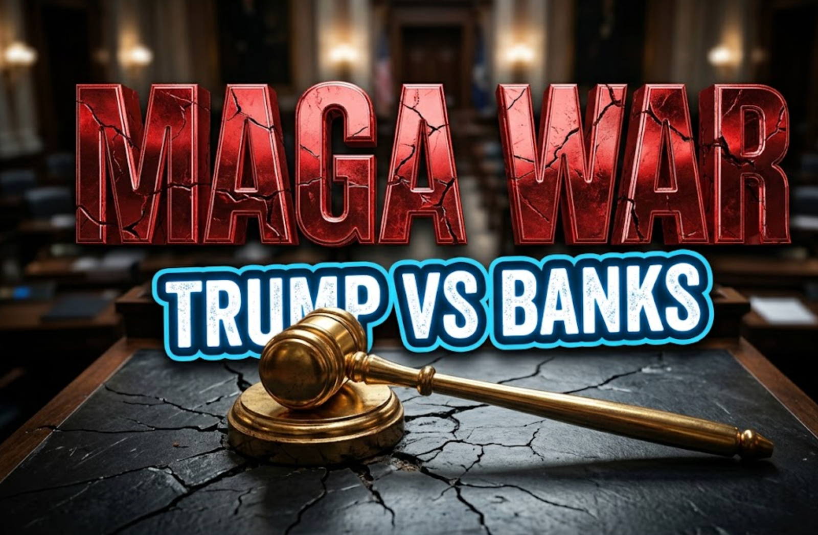 A viral, hyper-realistic YouTube thumbnail with a Political Drama atmosphere. The background is a blurred, high-contrast Indiana Statehouse Senate floor with dramatic shadows. The composition uses a Dutch Angle to focus on the main subject: a Golden Gavel resting on a cracked voting desk. Image size should be 3:2. The image features massive 3D typography with strict hierarchy: The Primary Text reads exactly: 'MAGA WAR'. This text is massive, the largest element in the frame, rendered in Cracked Red Chrome to look like a high-budget 3D render. The Secondary Text reads exactly: 'TRUMP VS BANKS'. This text is significantly smaller, positioned below or next to the main text. It features a thick, distinct color border/outline (sticker style) to contrast against the background. Make sure text 2 is always different theme, style, effect and border compared to text 1.