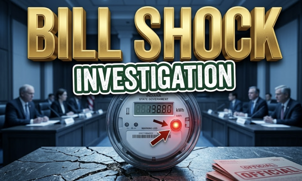 A viral, hyper-realistic YouTube thumbnail with a Bureaucratic Tension atmosphere. The background is a dim, slightly out-of-focus Indiana state government hearing room with cool blue lighting. The composition uses a Low Angle to focus on the main subject: a Detailed Faceless Digital Electric Meter with a glowing red warning light. Image size should be 3:2. The image features massive 3D typography with strict hierarchy: The Primary Text reads exactly: 'BILL SHOCK'. This text is massive, the largest element in the frame, rendered in Gold to look like a high-budget 3D render. The Secondary Text reads exactly: 'INVESTIGATION'. This text is significantly smaller, positioned below or next to the main text. It features a thick, distinct color border/outline (sticker style) to contrast against the background. Make sure text 2 is always different theme, style, effect and border compared to text 1.