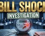 A viral, hyper-realistic YouTube thumbnail with a Bureaucratic Tension atmosphere. The background is a dim, slightly out-of-focus Indiana state government hearing room with cool blue lighting. The composition uses a Low Angle to focus on the main subject: a Detailed Faceless Digital Electric Meter with a glowing red warning light. Image size should be 3:2. The image features massive 3D typography with strict hierarchy: The Primary Text reads exactly: 'BILL SHOCK'. This text is massive, the largest element in the frame, rendered in Gold to look like a high-budget 3D render. The Secondary Text reads exactly: 'INVESTIGATION'. This text is significantly smaller, positioned below or next to the main text. It features a thick, distinct color border/outline (sticker style) to contrast against the background. Make sure text 2 is always different theme, style, effect and border compared to text 1.
