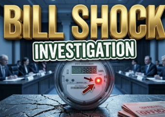 A viral, hyper-realistic YouTube thumbnail with a Bureaucratic Tension atmosphere. The background is a dim, slightly out-of-focus Indiana state government hearing room with cool blue lighting. The composition uses a Low Angle to focus on the main subject: a Detailed Faceless Digital Electric Meter with a glowing red warning light. Image size should be 3:2. The image features massive 3D typography with strict hierarchy: The Primary Text reads exactly: 'BILL SHOCK'. This text is massive, the largest element in the frame, rendered in Gold to look like a high-budget 3D render. The Secondary Text reads exactly: 'INVESTIGATION'. This text is significantly smaller, positioned below or next to the main text. It features a thick, distinct color border/outline (sticker style) to contrast against the background. Make sure text 2 is always different theme, style, effect and border compared to text 1.