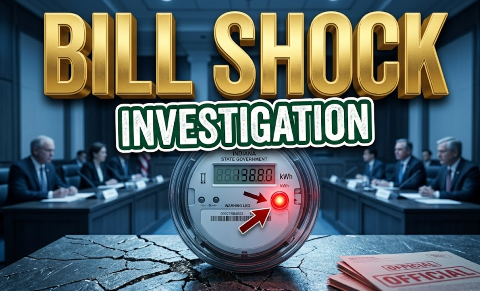 A viral, hyper-realistic YouTube thumbnail with a Bureaucratic Tension atmosphere. The background is a dim, slightly out-of-focus Indiana state government hearing room with cool blue lighting. The composition uses a Low Angle to focus on the main subject: a Detailed Faceless Digital Electric Meter with a glowing red warning light. Image size should be 3:2. The image features massive 3D typography with strict hierarchy: The Primary Text reads exactly: 'BILL SHOCK'. This text is massive, the largest element in the frame, rendered in Gold to look like a high-budget 3D render. The Secondary Text reads exactly: 'INVESTIGATION'. This text is significantly smaller, positioned below or next to the main text. It features a thick, distinct color border/outline (sticker style) to contrast against the background. Make sure text 2 is always different theme, style, effect and border compared to text 1.