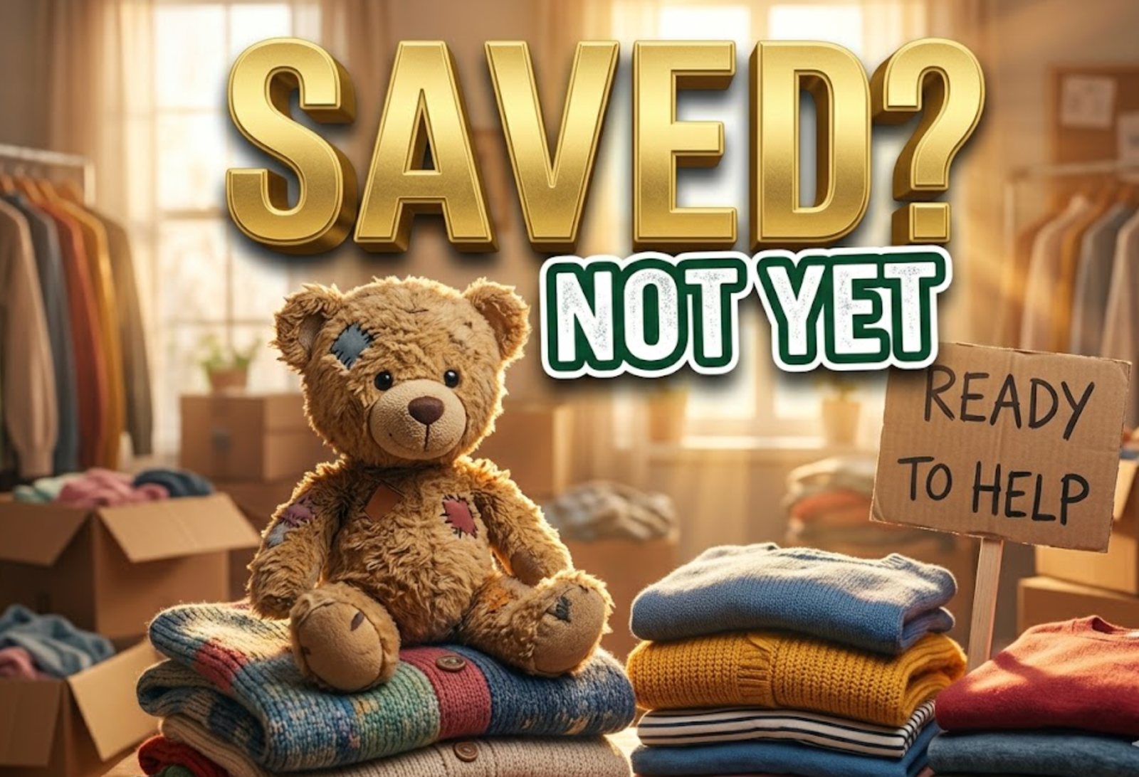 A viral, hyper-realistic YouTube thumbnail with a Heartwarming Community atmosphere. The background is a Softly lit, cluttered but organized donation center room filled with clothes and boxes matching the story with Warm, golden hour sunbeams through a window. The composition uses a Macro shot for detail to focus on the main subject: a Worn, beloved Teddy Bear sitting on a stack of folded clothes. Image size should be 3:2. The image features massive 3D typography with strict hierarchy: The Primary Text reads exactly: 'SAVED?'. This text is massive, the largest element in the frame, rendered in Gold Metal to look like a high-budget 3D render. The Secondary Text reads exactly: 'NOT YET'. This text is significantly smaller, positioned below or next to the main text. It features a thick, distinct color border/outline (sticker style) to contrast against the background. Make sure text 2 is always different theme, style, effect and border compared to text 1.