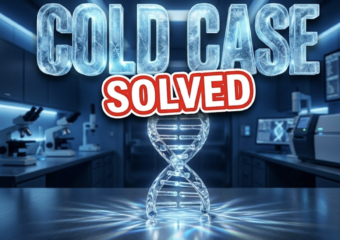 A viral, hyper-realistic YouTube thumbnail with a Crime/Mystery atmosphere. The background is a dim, high-tech forensic laboratory with blue mood lighting. The composition uses a low angle to focus on the main subject: a glowing DNA double helix structure made of glass. Image size should be 3:2. The image features massive 3D typography with strict hierarchy: The Primary Text reads exactly: 'COLD CASE'. This text is massive, the largest element in the frame, rendered in Frozen Ice texture to look like a high-budget 3D render. The Secondary Text reads exactly: 'SOLVED'. This text is significantly smaller, positioned below or next to the main text. It features a thick, distinct red border/outline (sticker style) to contrast against the background. Make sure text 2 is always different theme, style, effect and border compared to text 1.